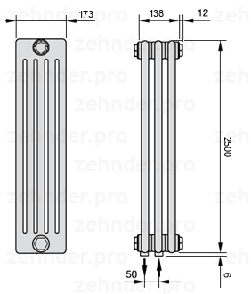 Схема (чертеж) Радиатор Zehnder Charleston 5250/3 №5410 Белый глянцевый RAL 9016